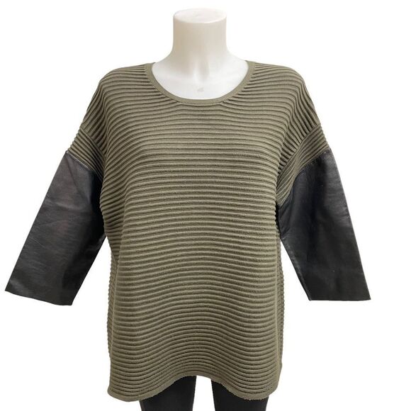 SANDRO‎ Olive Green Ribbed Knit Lambskin Leather Sleeve Pullover Sweater sz 3 - Picture 1 of 10
